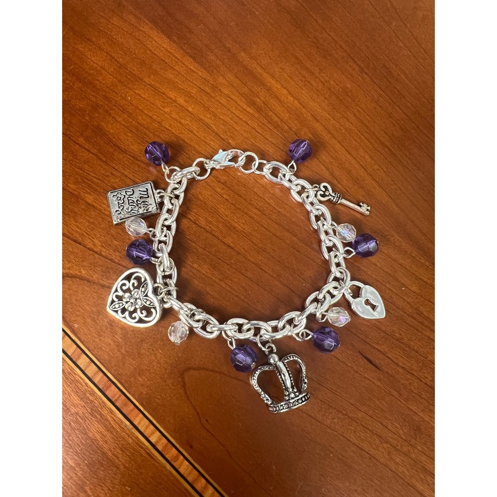 Silver Tone Charm Bracelet Purple Beads Crown Heart Key Diary Padlock 7 Inch